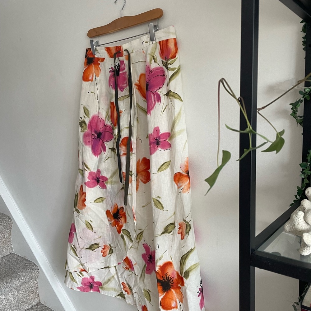Floral Linen Cotton Bohemian Abstract Breezy Maxi Skirt — Pink & Orange Blooms